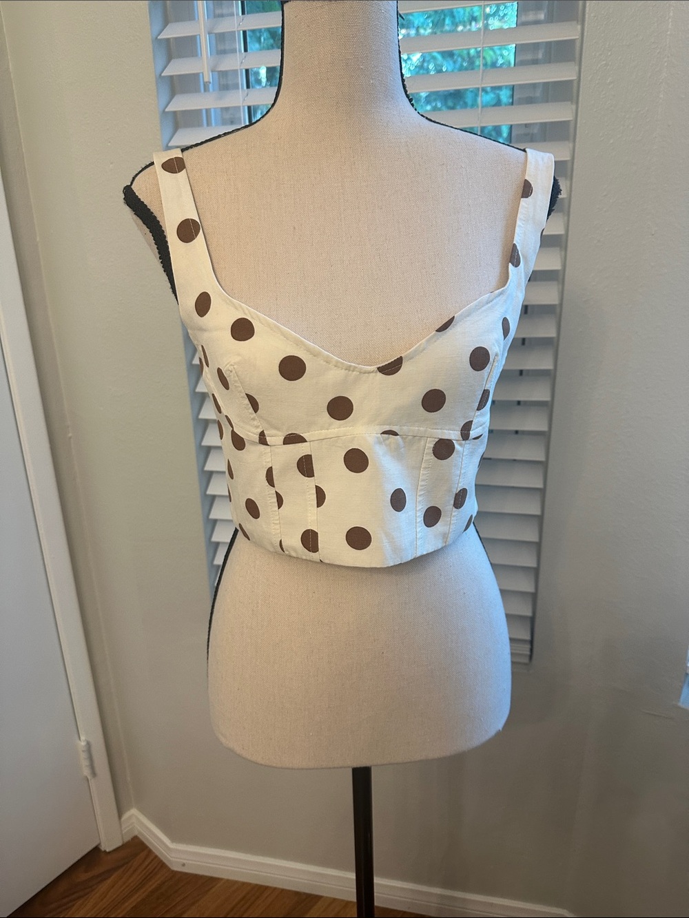 Zara White Crop Bustier Top with Brown Polka Dots